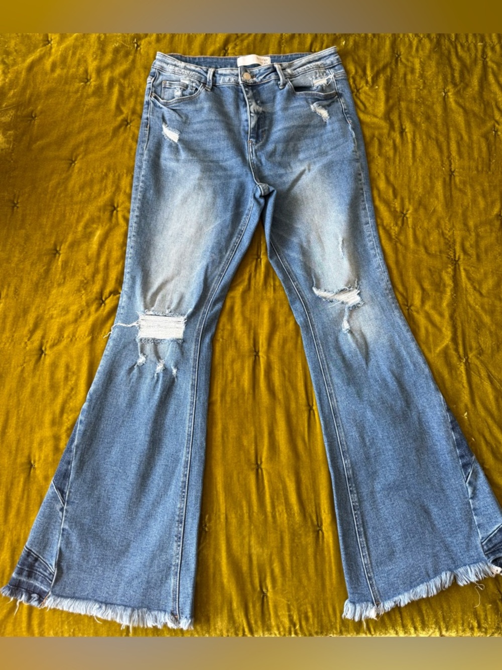 Light Blue Distressed Flare Jeans - Wide Leg Denim